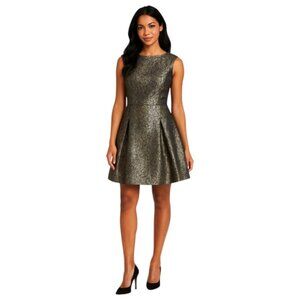 Aidan Mattox Size 2 Navy Gold Metallic Brocade Fit and Flare Cocktail Dr…